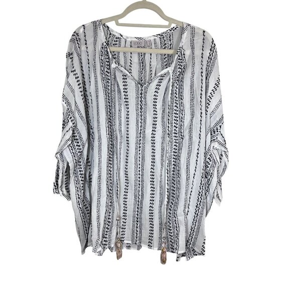 Logo Coastal Tunic Top L White Striped Boho Western Resort Tassel Classic 80s - Picture 1 of 11